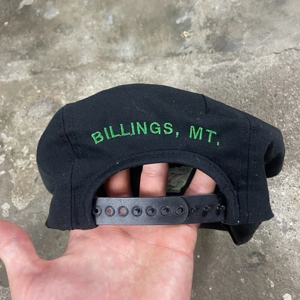 Vintage 80s Pug Mahons Irish Pub Flat Cap Strap Back Adjustable Black Front Snap